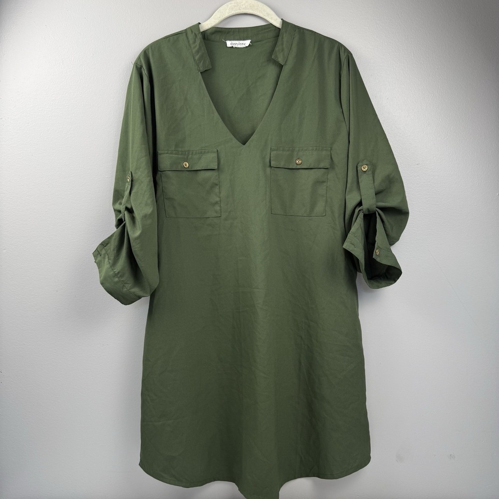 Dizzy Lizzy Green Lightweight Shirt Dress Sz L Roll Tab Sleeves Flap Pocket